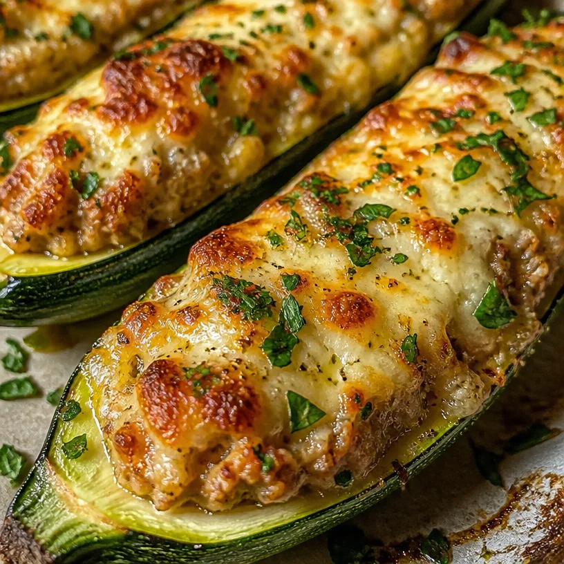 Delicious stuffed zucchini boats filled with a savory mixture and baked to perfection.
