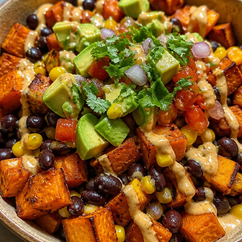 Colorful sweet potato taco bowl with toppings and garnishes