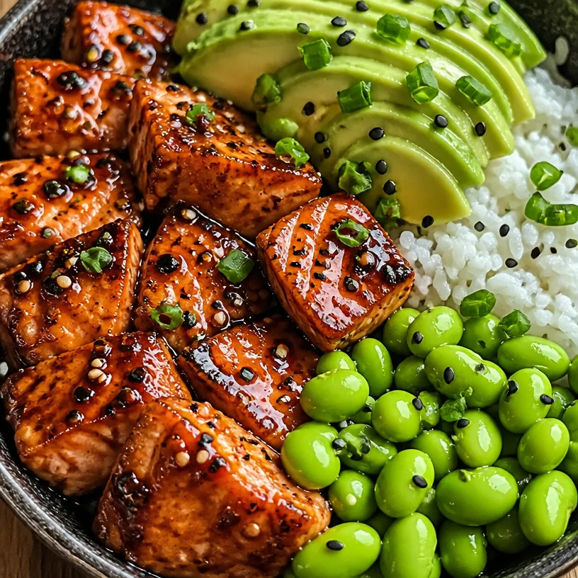 Teriyaki salmon bowl with colorful vegetables and rice