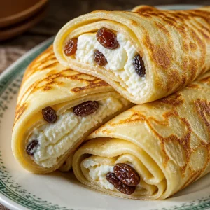 Túrós palacsinta - Hungarian cottage cheese crepes filled with raisins