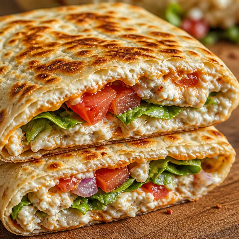 A healthy cottage cheese wrap filled with fresh vegetables and herbs.