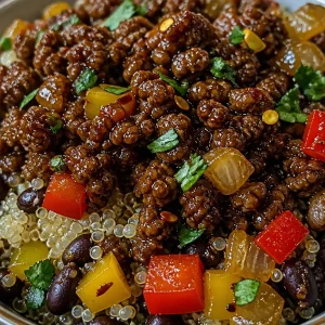 Viral hot honey ground beef bowl with fresh ingredients and garnish.