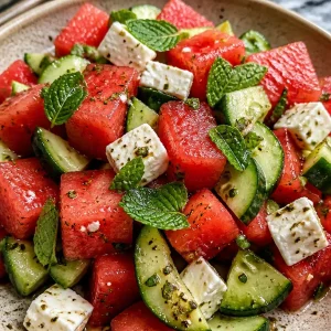 Fresh Watermelon Cucumber Feta Salad topped with mint and lime.