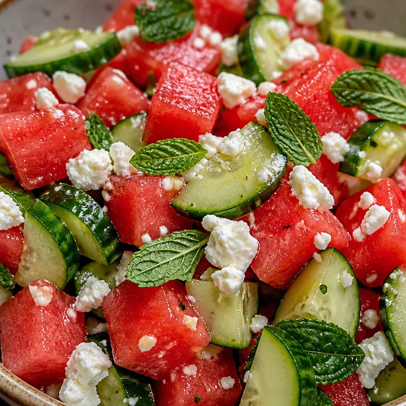 Colorful watermelon salad with mint and feta cheese on a serving plate.