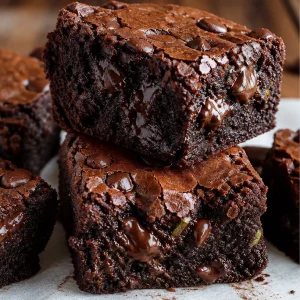 Delicious homemade zucchini brownies topped with chocolate frosting on a wooden table