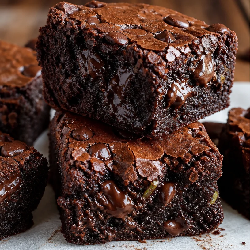Delicious homemade zucchini brownies topped with chocolate frosting on a wooden table