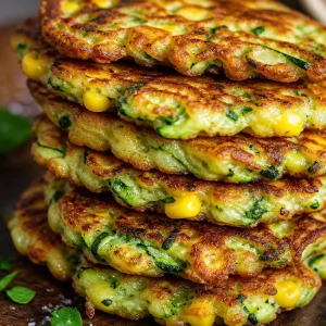 Plate of golden zucchini corn fritters served with dipping sauce