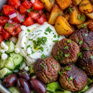 Greek Meatball Bowl with fresh ingredients and flavorful meatballs