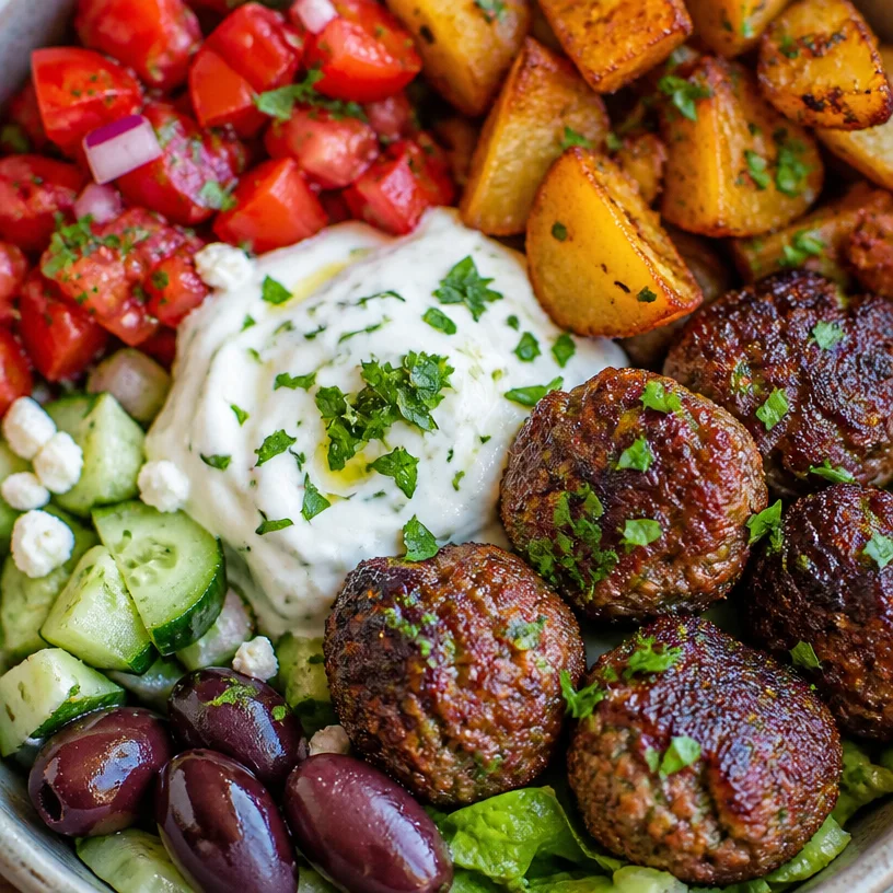 Greek Meatball Bowl with fresh ingredients and flavorful meatballs