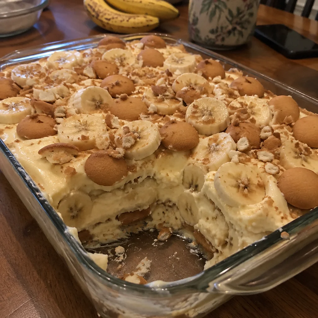 Delicious homemade banana pudding dessert served in a glass bowl