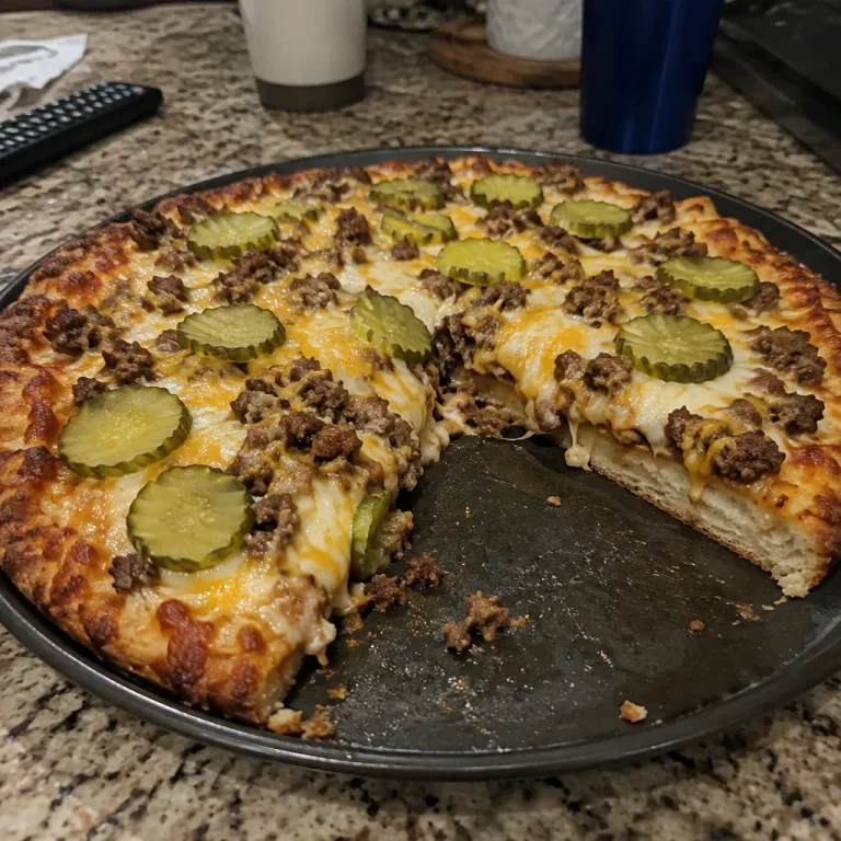 Delicious slice of Cheeseburger Pizza topped with beef, cheese, and fresh toppings