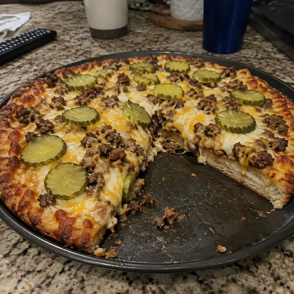 Delicious slice of Cheeseburger Pizza topped with beef, cheese, and fresh toppings