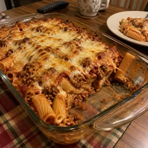 Cheesy baked ziti casserole overflowing with melted cheese and pasta