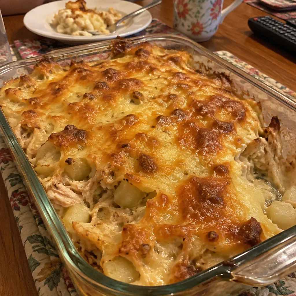 Cheesy Chicken & Potato Casserole topped with melted cheese and herbs.