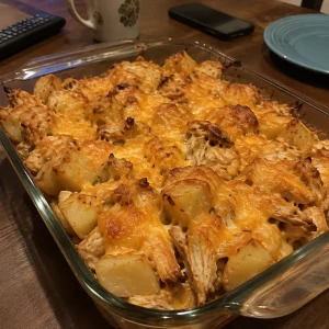 Cheesy chicken and potato casserole dish ready to serve