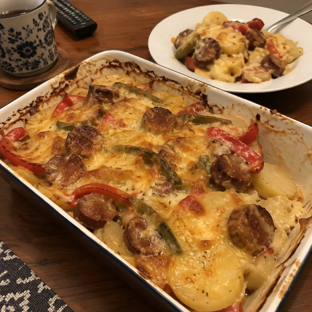 Cheesy Sausage and Potato Bake garnished and ready to serve in a baking dish.