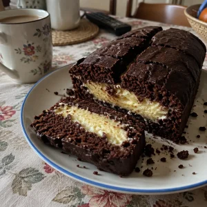 Chocolate and vanilla cream-filled loaf cake with decorations