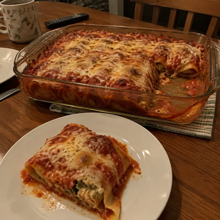 Classic beef cannelloni bake topped with cheese and herbs in a baking dish.
