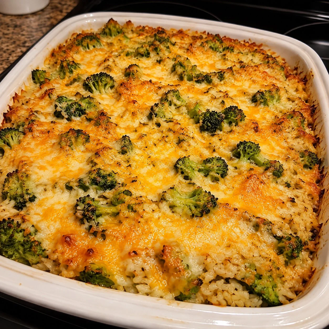 Creamy broccoli rice casserole served as a cheesy comfort food side dish