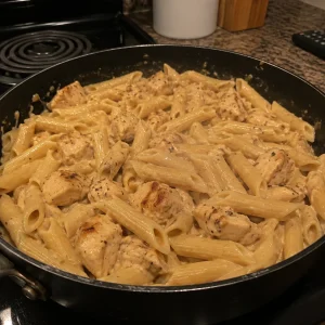 Creamy chicken and pasta skillet dish with fresh herbs and ingredients
