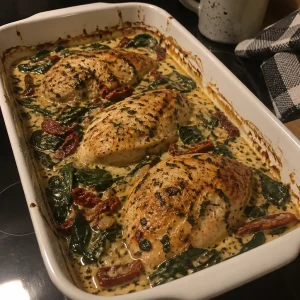 Creamy garlic parmesan chicken bake served on a plate with herbs