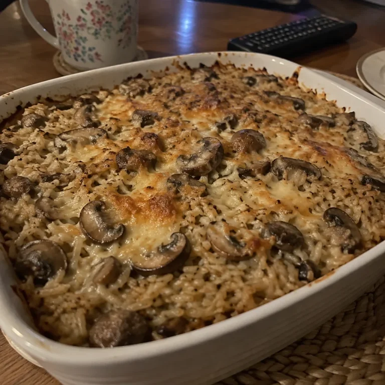 Creamy mushroom and rice bake served in a dish