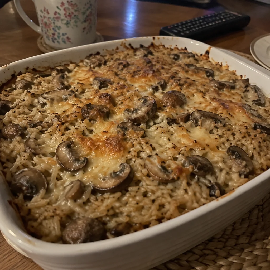 Creamy mushroom and rice bake served in a dish