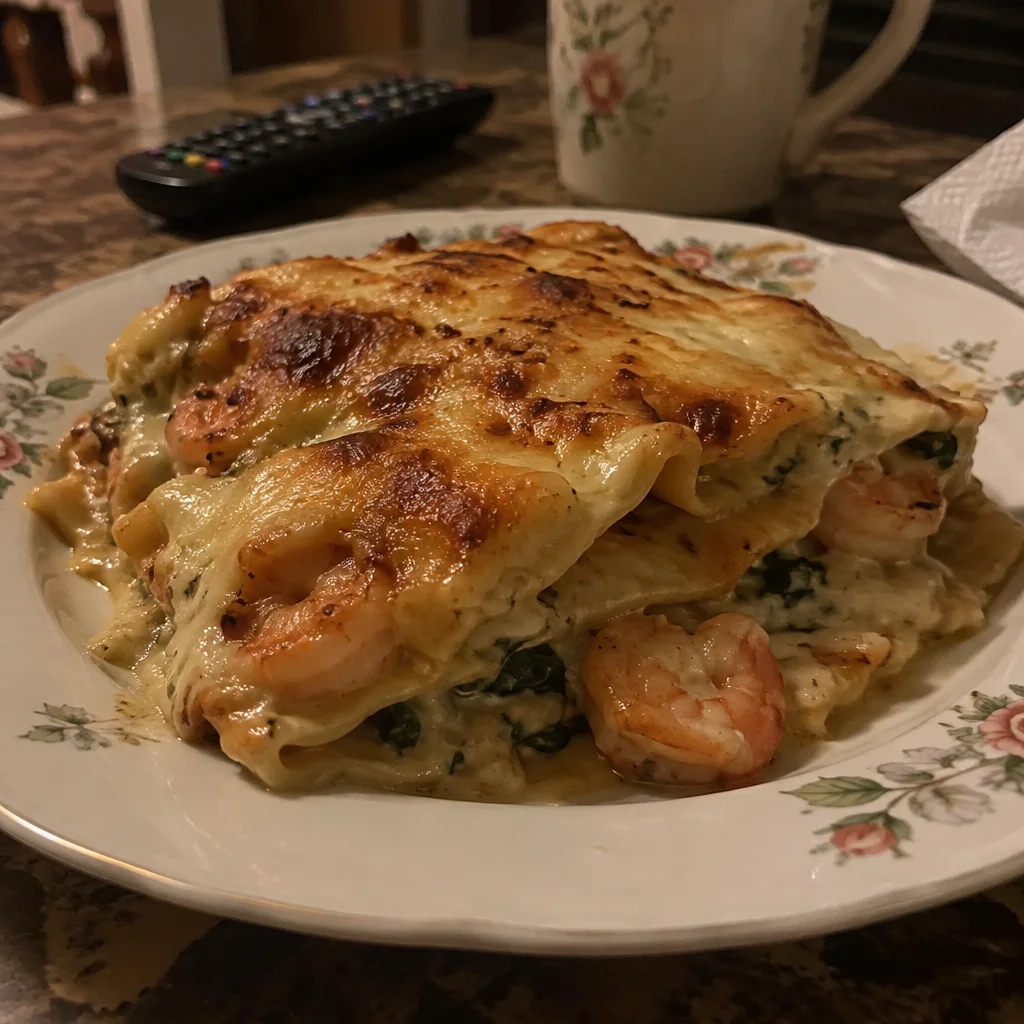 Creamy Shrimp Alfredo Lasagna with layers of pasta, shrimp, and cheese