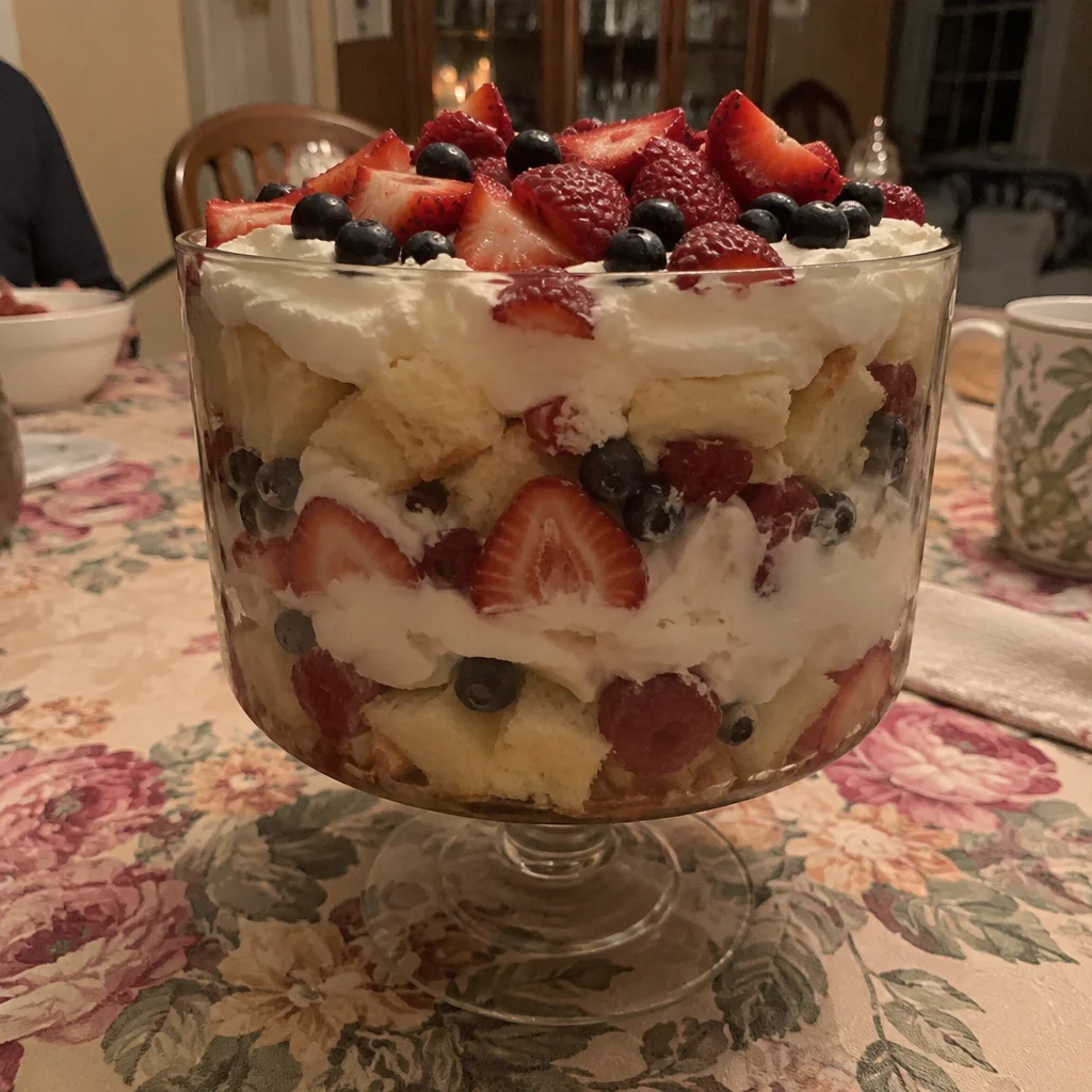 Delicious fruit trifle with cake layers and creamy topping, perfect dessert