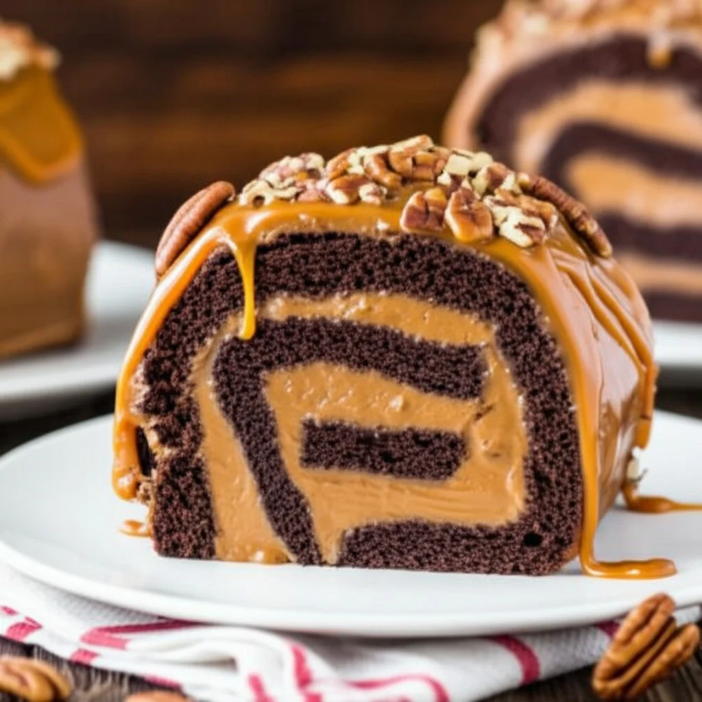 Gooey Chocolate Caramel Turtle Cake Roll