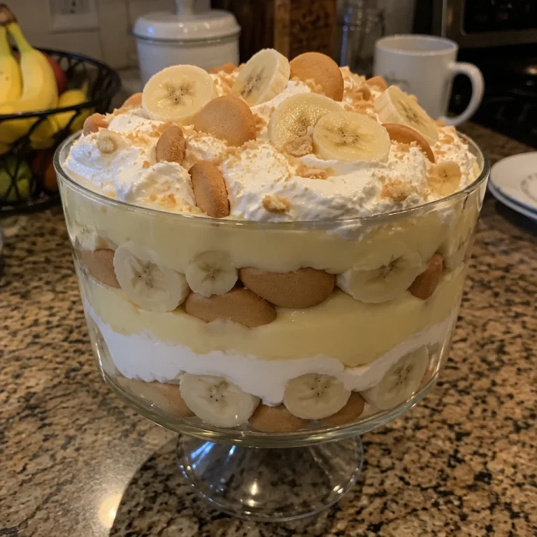Delicious homemade banana pudding trifle layered with cream and bananas