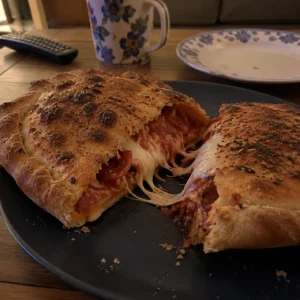 Homemade pizza stuffed bread with melted cheese and toppings