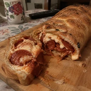 Homemade pizza stuffed bread fresh out of the oven