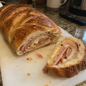 Homemade Italian Stromboli with cheese and pepperoni, sliced and ready to serve