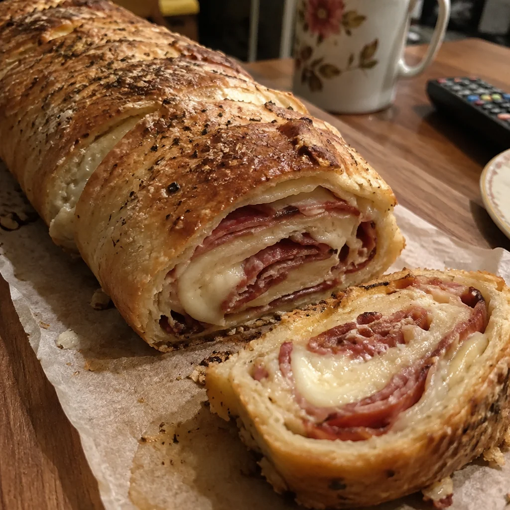 Homemade Italian Stromboli Pizza Roll with melted cheese and toppings