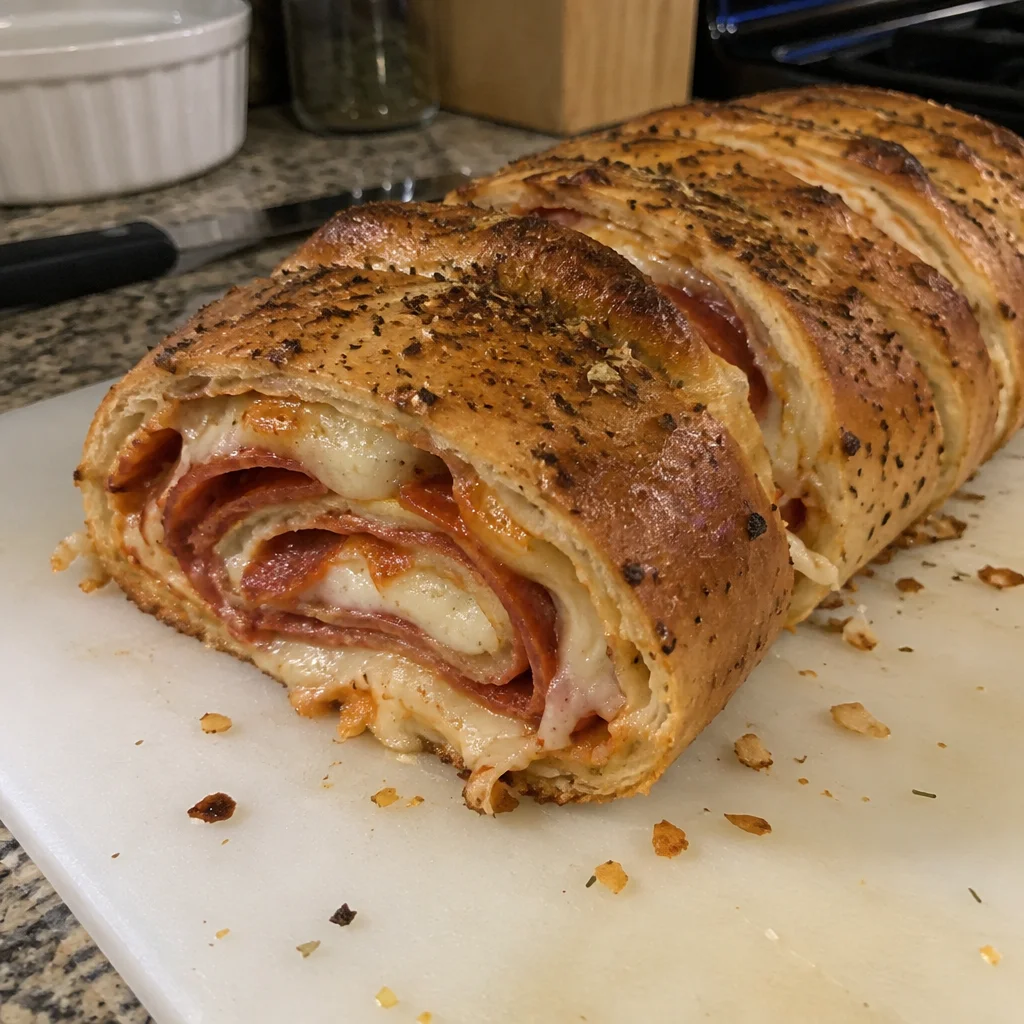 Homemade Italian Stromboli pizza stuffed bread fresh out of the oven