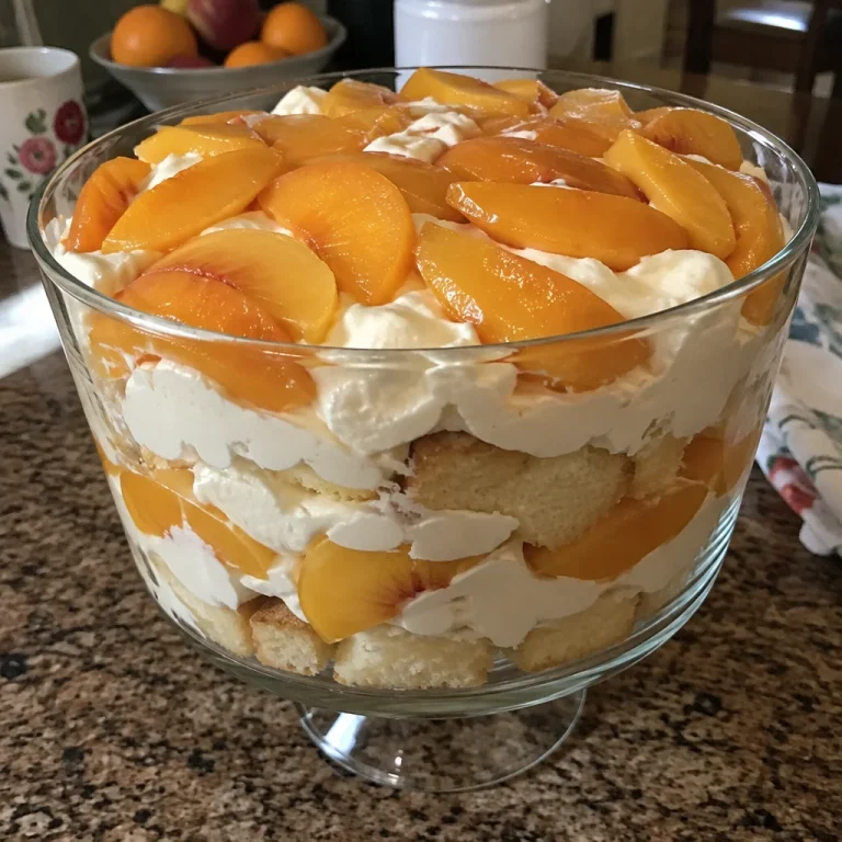 Delicious Peach Cream Trifle with layers of fresh peaches and whipped cream