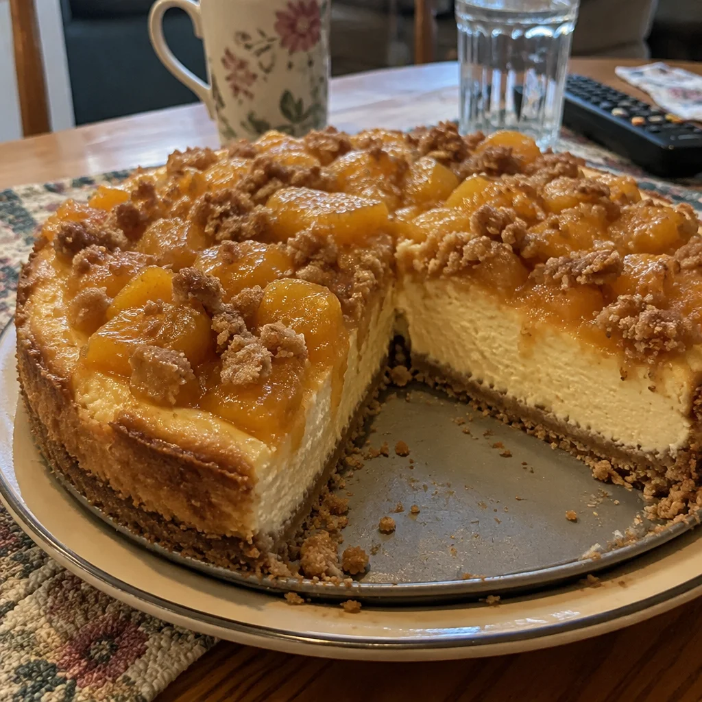Delicious Peach Crumble Cheesecake topped with juicy peaches and crumbly topping.