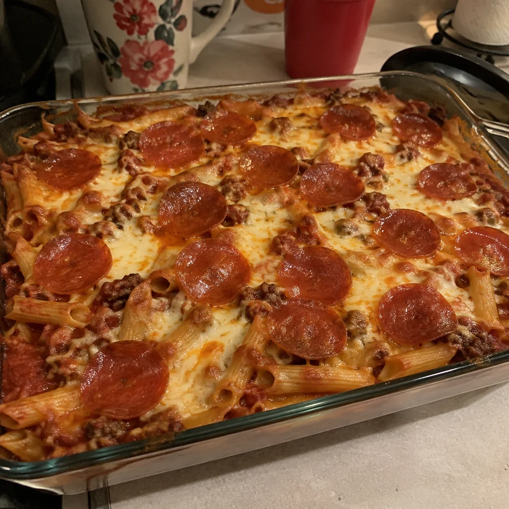 Delicious Pizza Pasta Bake topped with melted cheese and pepperoni