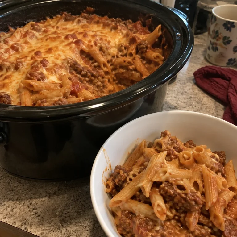 Slow cooker baked ziti topped with melted cheese and herbs