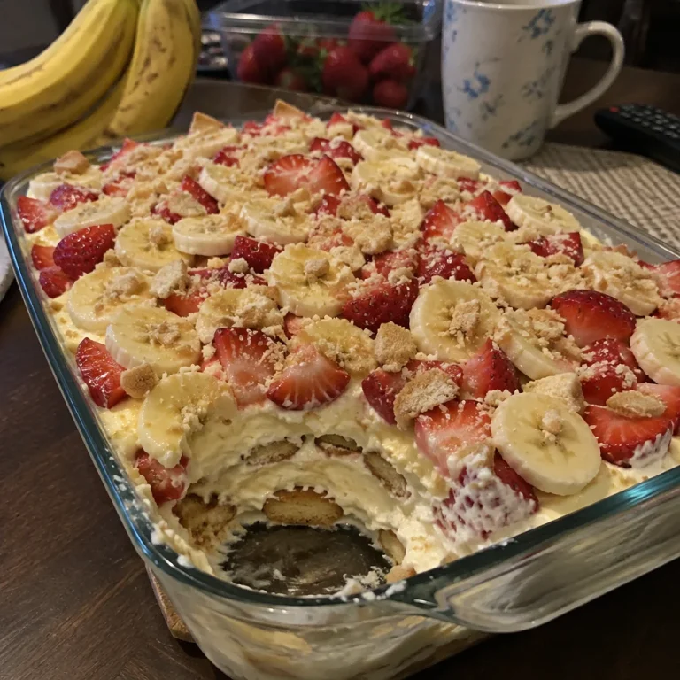 Delicious strawberry banana pudding layered with fresh fruit and creamy custard.