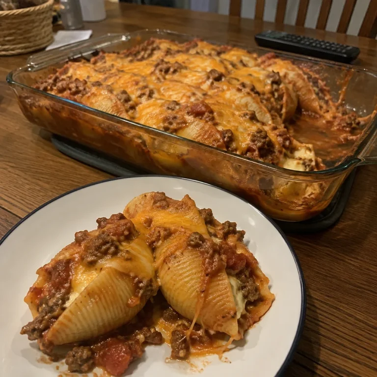 Delicious Taco Pasta Shells Bake with cheese and toppings